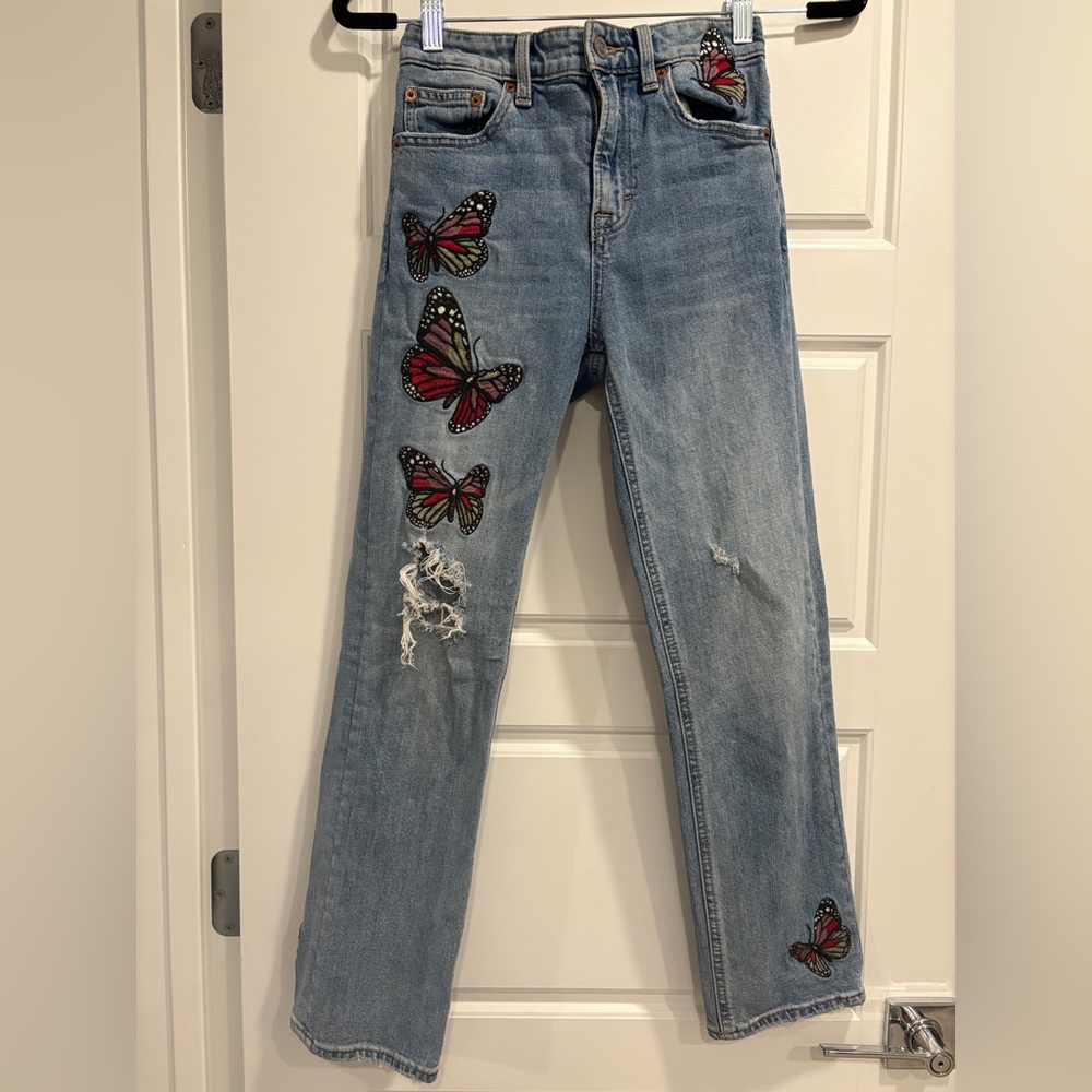 Y2K Lucky Brand Light Jeans with Red Butterfly Embroidery SZ 25